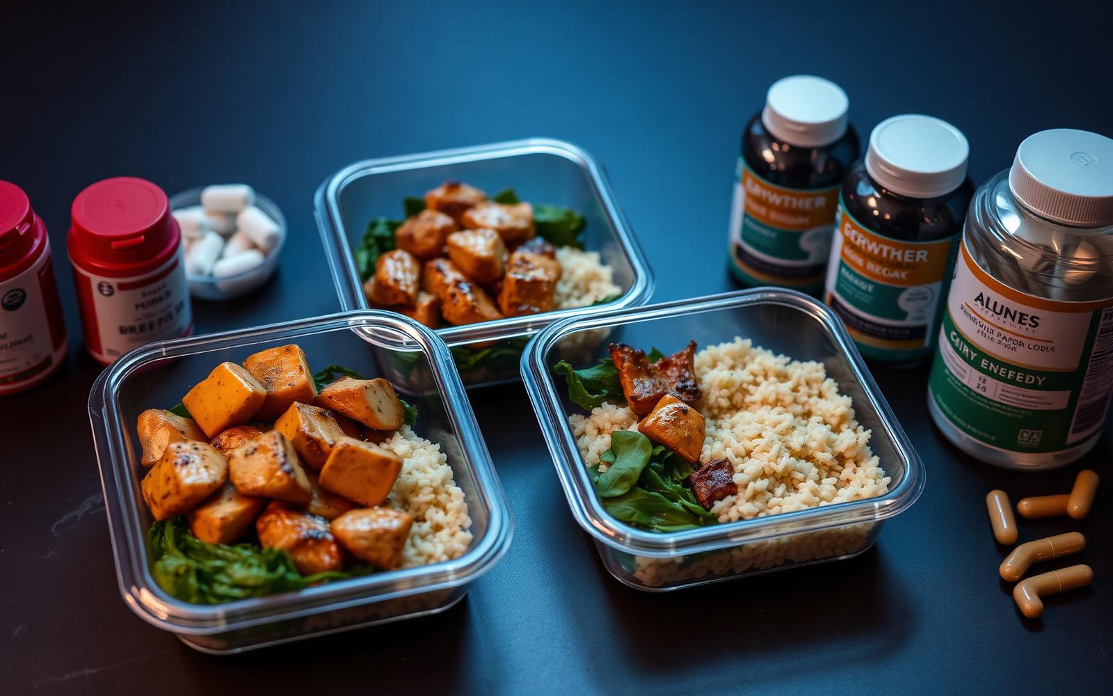Prepared healthy meals next to supplement bottles